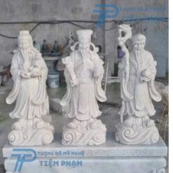 Tượng Phúc Lộc Thọ đá trắng tự nhiên, vật phẩm phong thủy giúp gia đình an lành, thịnh vượng. Liên hệ Điêu Khắc Đá Mỹ Nghệ Đà Nẵng, 0774444005.