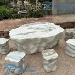 Bộ Bàn Ghế Đá Trắng Cẩm Thạch