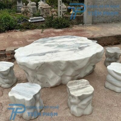 Bộ Bàn Ghế Đá Trắng Cẩm Thạch