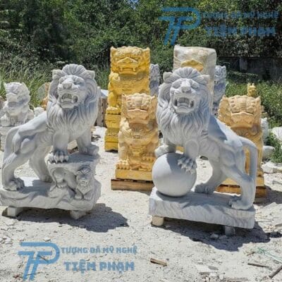 Tượng Sư Tử Bằng Đá Trắng Cao 1m1