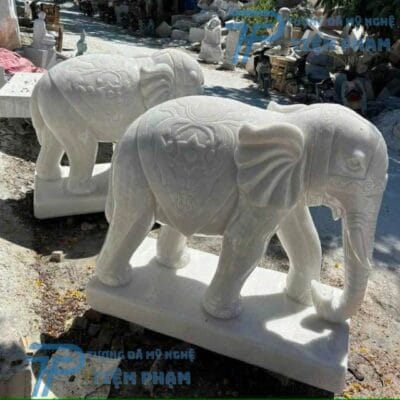 Cặp Voi Đá Trắng Cẩm Thạch Tự Nhiên