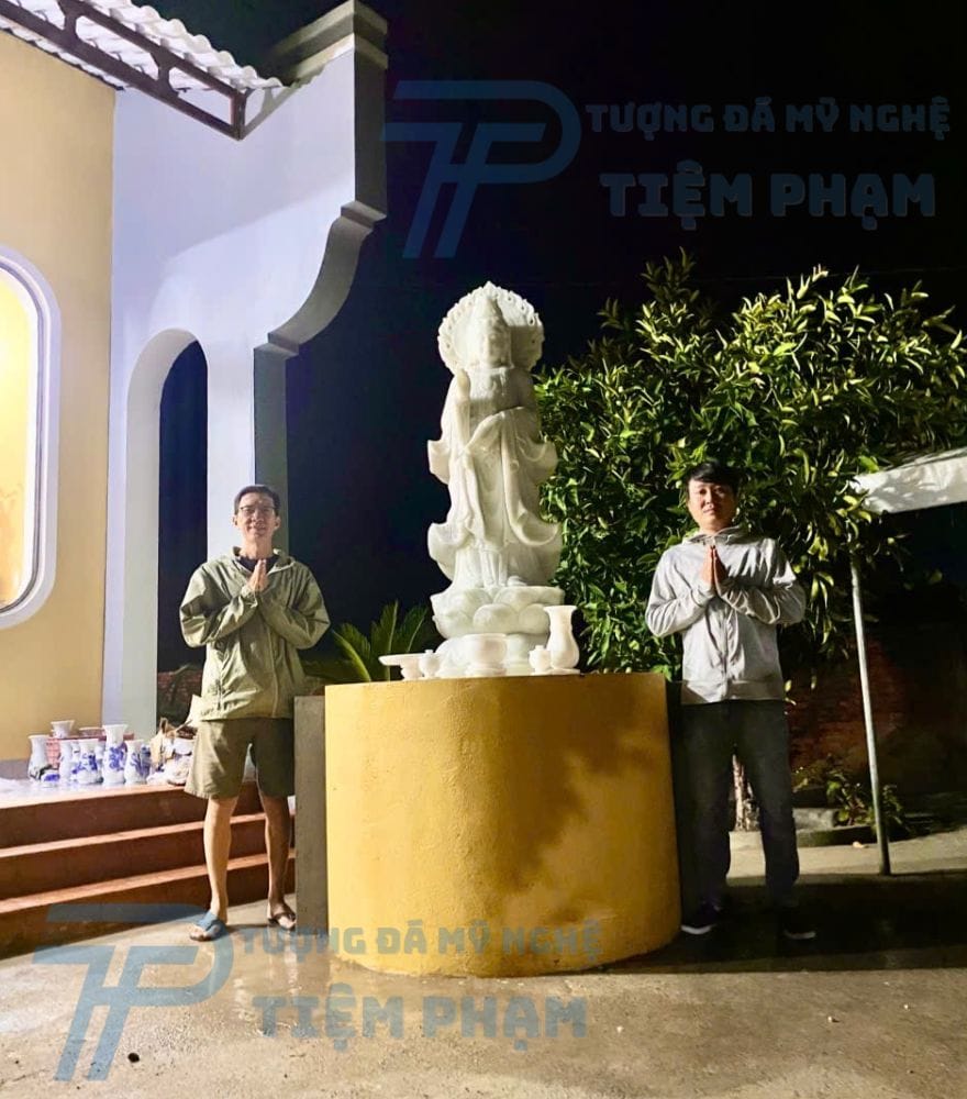 Hoàn thành tượng Quan Âm bằng đá trắng 1m6 tại Quảng Ngãi sản phẩm tượng phật Quan Âm bằng đá thanh thịnh