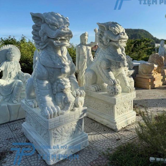 Tượng con Nghê đá trắng đẹp cao 2m Tượng Con Nghê đá Đẹp